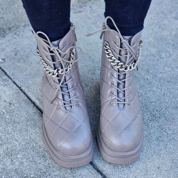 Womens Chunky Block Heel Ankle Combat Boots Taupe Color - Picture 3 of 6